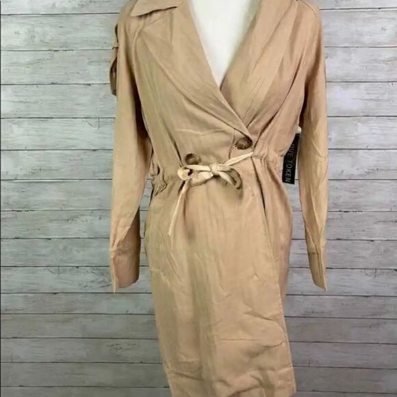 NEW LOVE TOKEN Stripe Print Tie Trench Coat JACKET BEIGE STRIPE SIZE XS, NWT - Picture 4 of 9